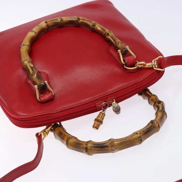 GUCCI Bamboo Hand Bag Leather 2way Red Gold Auth gh613 - Picture 7 of 16